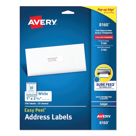 Avery Easy Peel White Address Labels w/Sure Feed, Inkjet, 1x2.63, PK750 08160